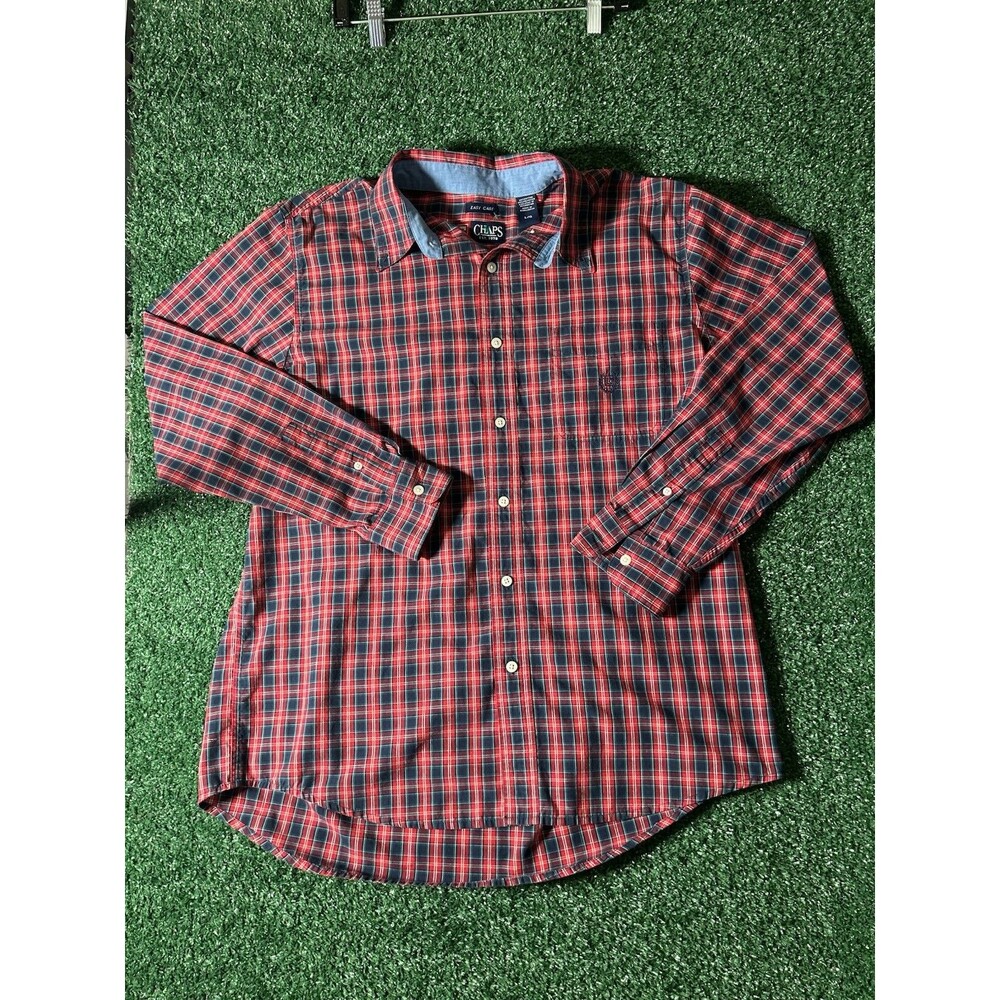 Chaps Mens Large Shirt Button Down Plaid Long Sleeve Red Blue Easy Care L Cotton